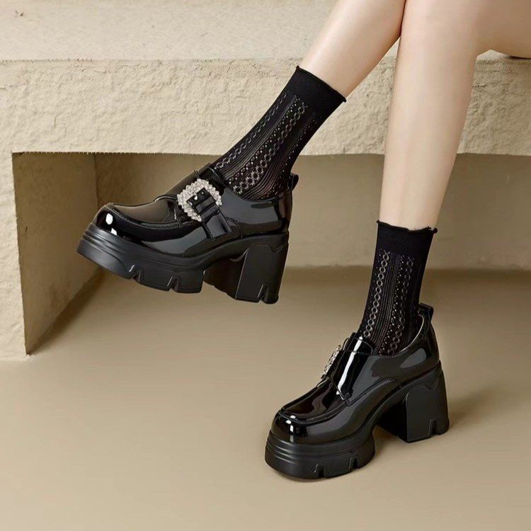 Femmes Brevet Platform en cuir Loafers Strass Buckle Chunky High Heel Slip Sur Chaussures