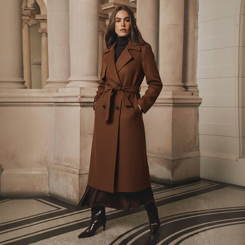 Russian European and American Style Long Coat Automne et hiver haut de gamme Elegant Tie Woole