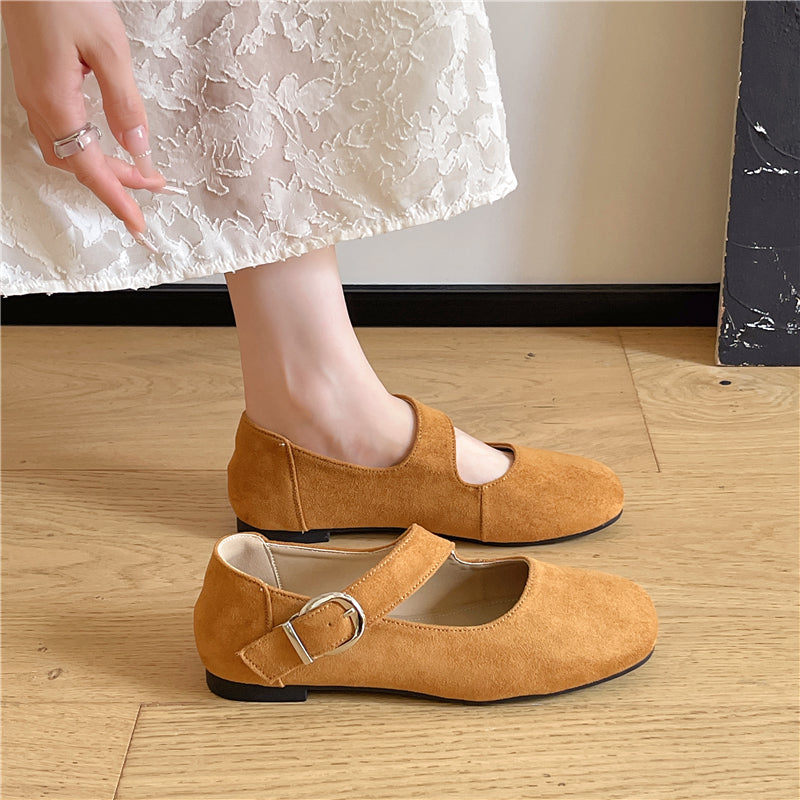 Ballet français Mary Jane Pompes Femmes Été Mode peu profonde Ceinture de bouche Buckle Flat Square T