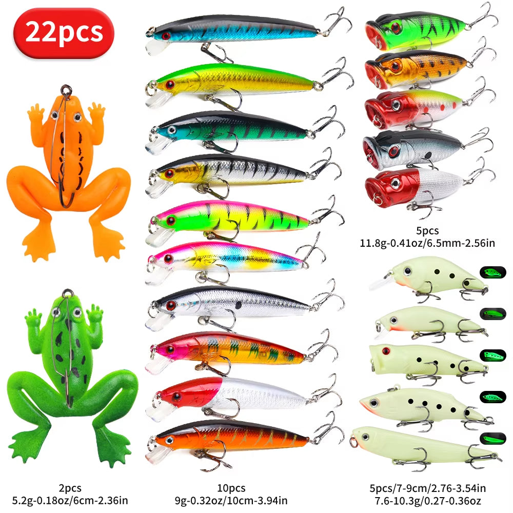 22pcs 1set Lure dure Bait Soft Frog Popper Crayon Minnow VIB Lumineux Lure Kit Durable Hoo