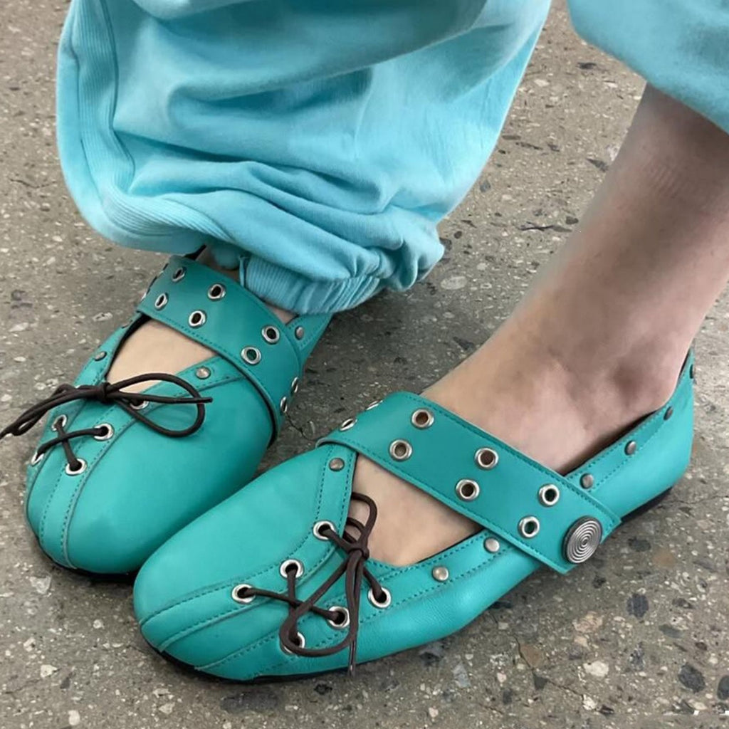 Rivet-Strap Ballet Flats Pour Femmes Chaussures en cuir Mary Jane à semelle ronde