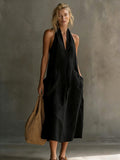 Women's Halter Neck Sleeveless V-Back Summer Dress with Pockets