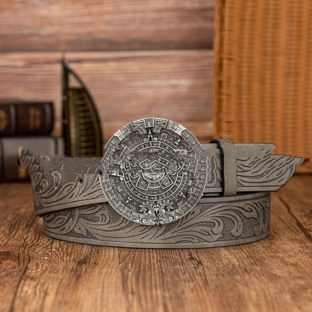 Aztec Sun Calendrier Boucle en pierre Retro PU Ceinture en cuir