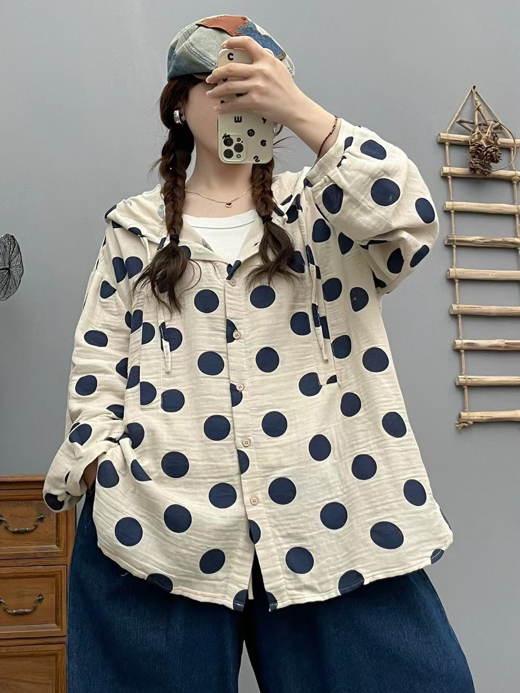 Femmes Cardigan Hoodie avec imprimé Polka-Dot