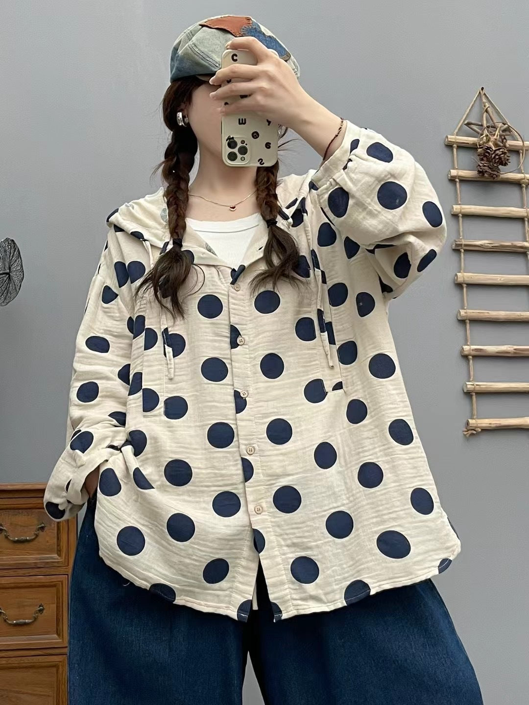 Femmes Cardigan Hoodie avec imprimé Polka-Dot