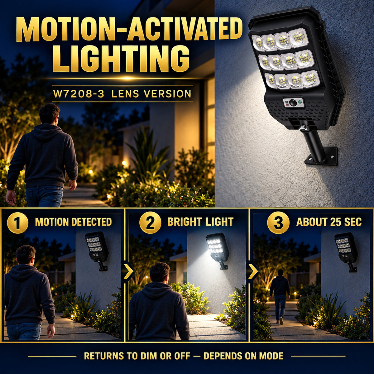 Solar Powered Motion Sensor Outdoor Light W7208 3 Noir pour Garden Yard Street Wall LED