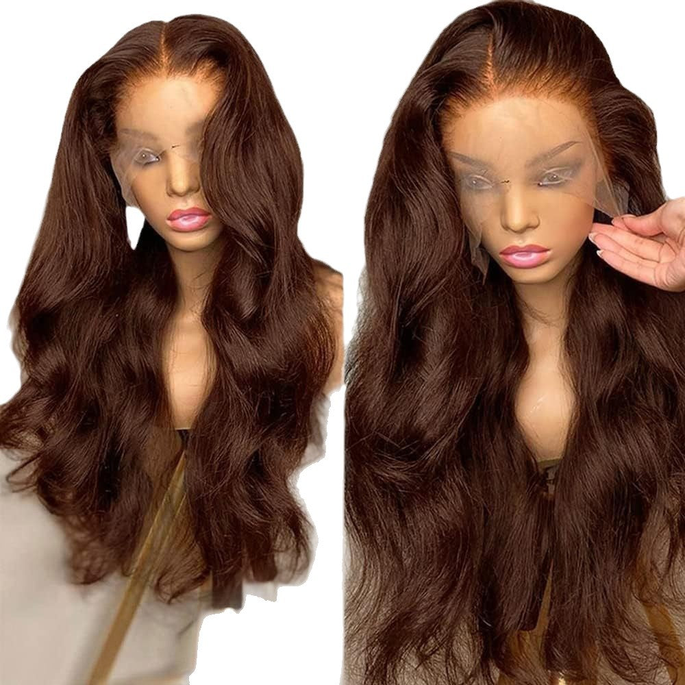 Marron Long Curly Perruque avec partie moyenne et face de dentelle