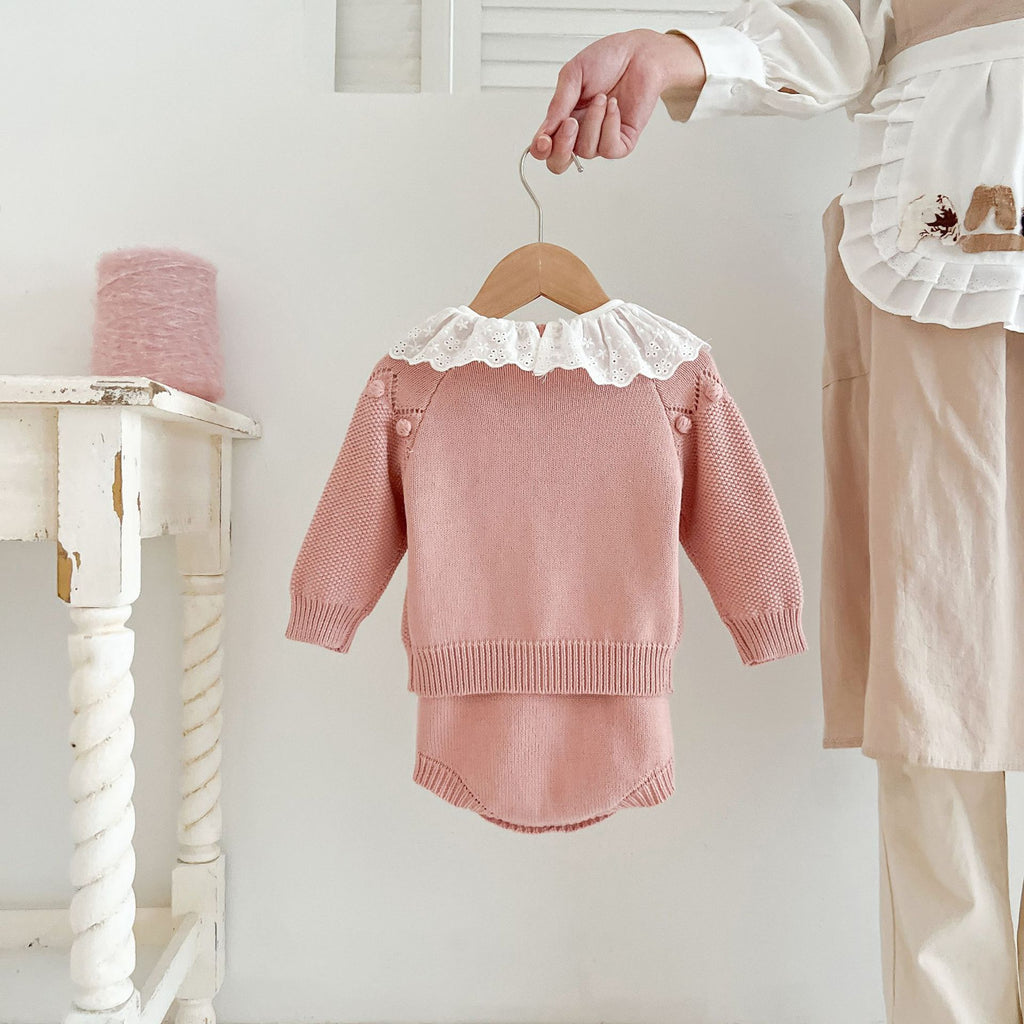 Newborn Handmade Flower Deux-pièces Knitted Cardigan Jumpsuit