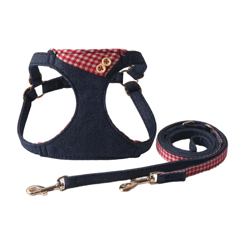 Patchwork de denim bleu foncé Plaid Pet Harness Set