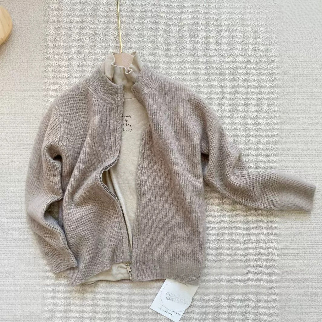 Kids' Cashmere Mock Neck Zip-Up Jacket Thick Knit Pullover