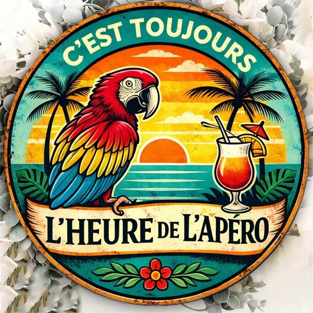 8x8in Vintage Parrot Cocktail Round Signe Happy Hour Bar Decor
