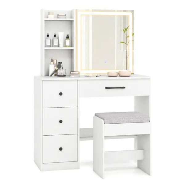 Blanc Vanity bureau et tabouret ensemble avec miroir coulissant et 3-mode LED bande de lumière