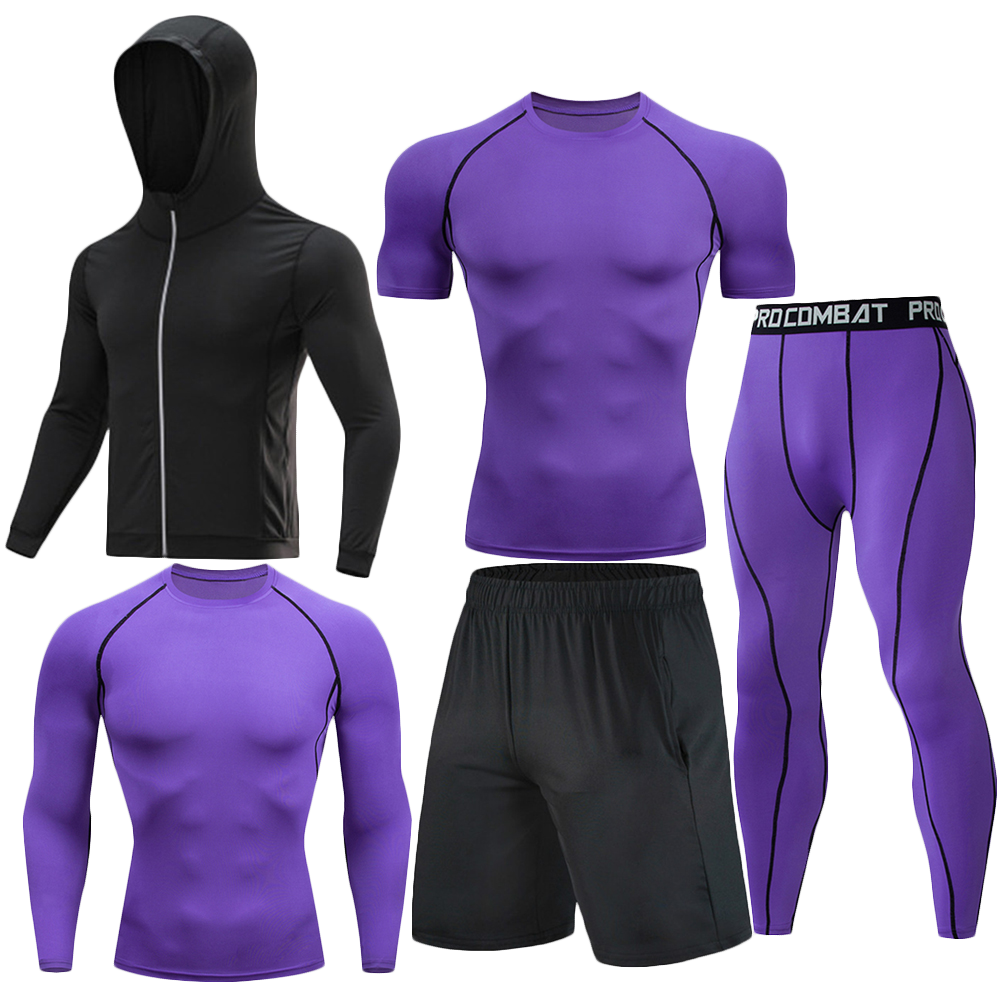 Hommes 5 pièces Ensemble d'entraînement de compression Veste zippée à capuche manches longues manches courtes