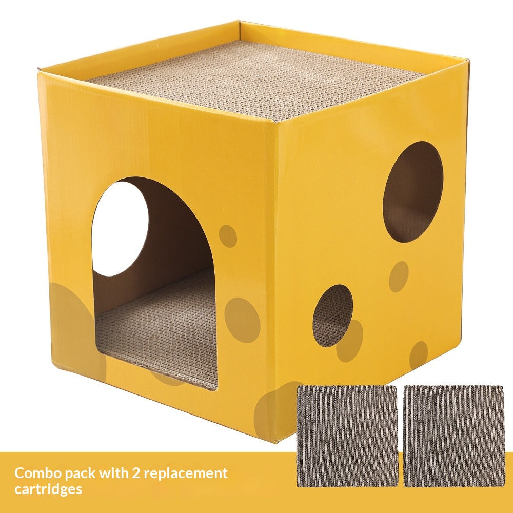 Cheese-box Cat Scratcher et lit de chat en carton ondulé avec deux niveaux