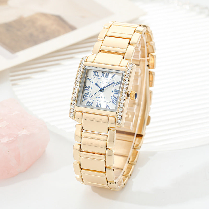Montre femme à la mode Chronographe rectangulaire avec chiffres romains et des Accents de diamant