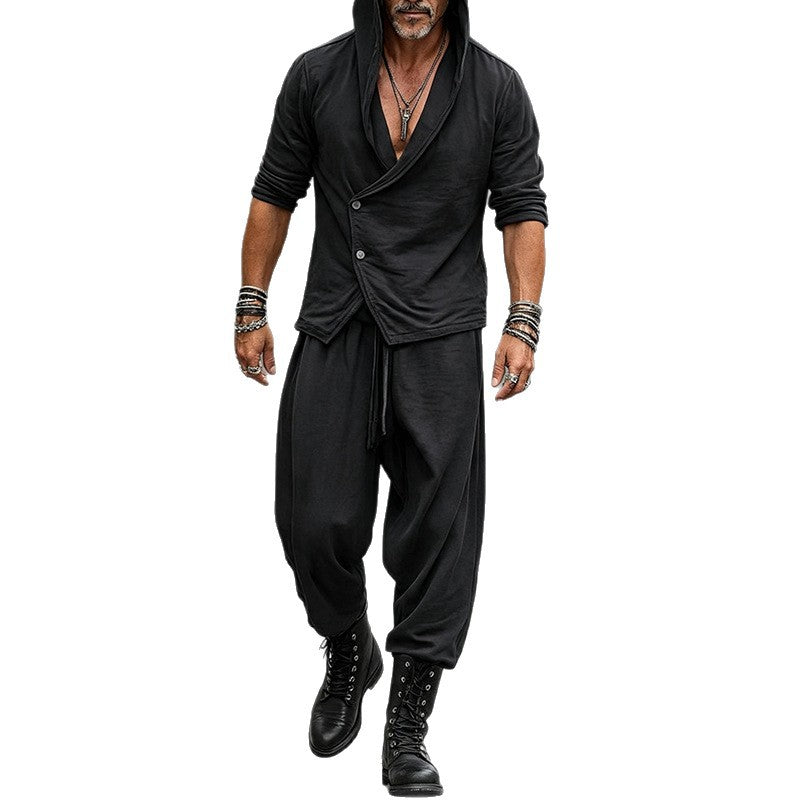 Ensemble de pantalons à manches longues à bouton à capuchon pour hommes occasionnels