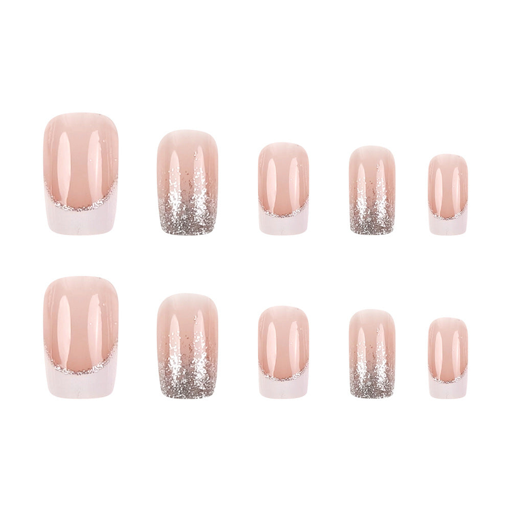 24-pièces Short Coffin-style White-edge French Pressing Nail Glitter Gradient Nail acrylique