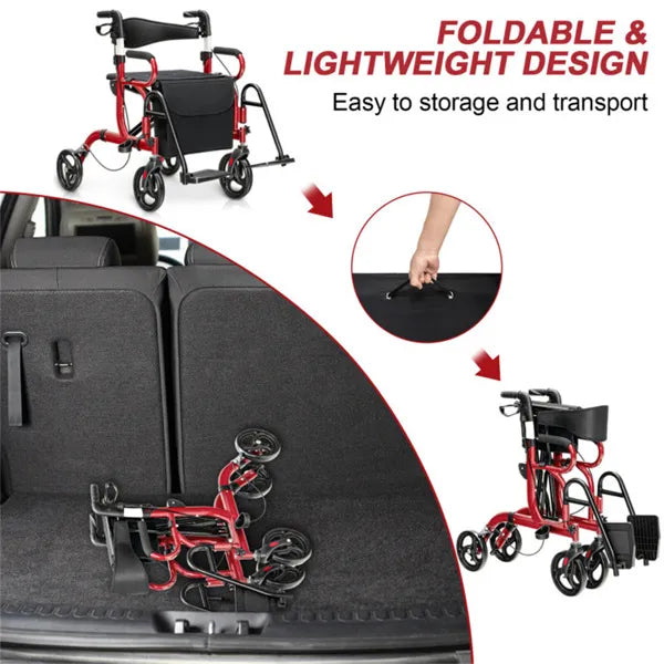 2-en-1 Walker roulant et fauteuil roulant : Réglage de la hauteur de 6 positions (34"-39")