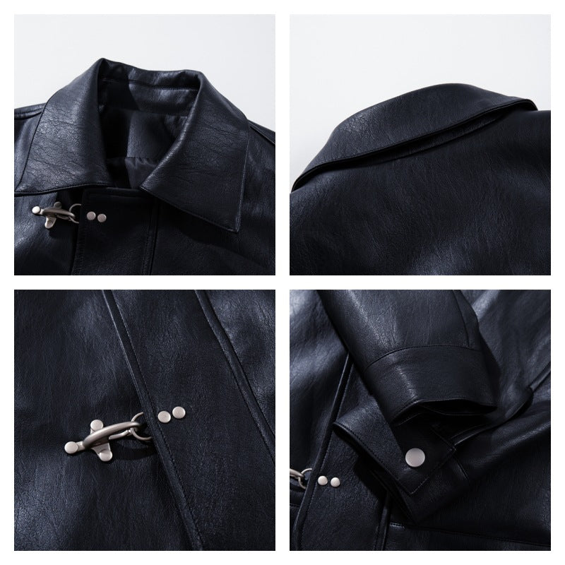 Veste de motard en cuir brillant Slim-Fit Faux avec fermeture à boucle vintage