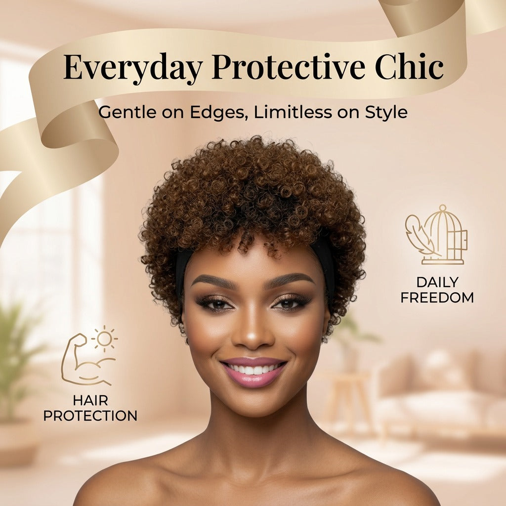 Cheveux humains, perruque courte brune, sans colle nécessaire, fluffy et curly, spécialement conçu F