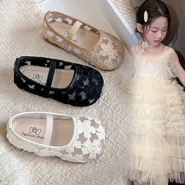Girls' Mesh Flower Sandals Solid Color Transparent Mesh Princess Shoes