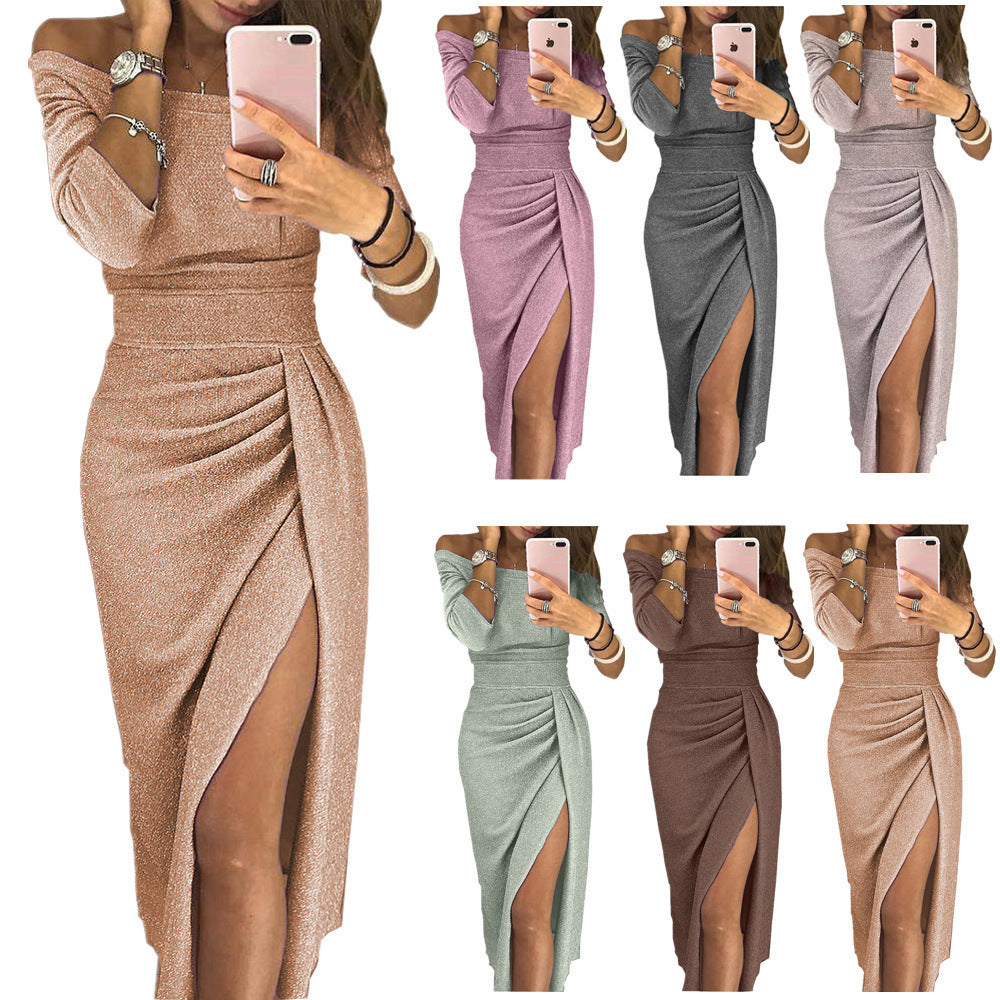 European And American Amazon EBay Lady Hip Slit une ligne Collar robe robe brillant Di