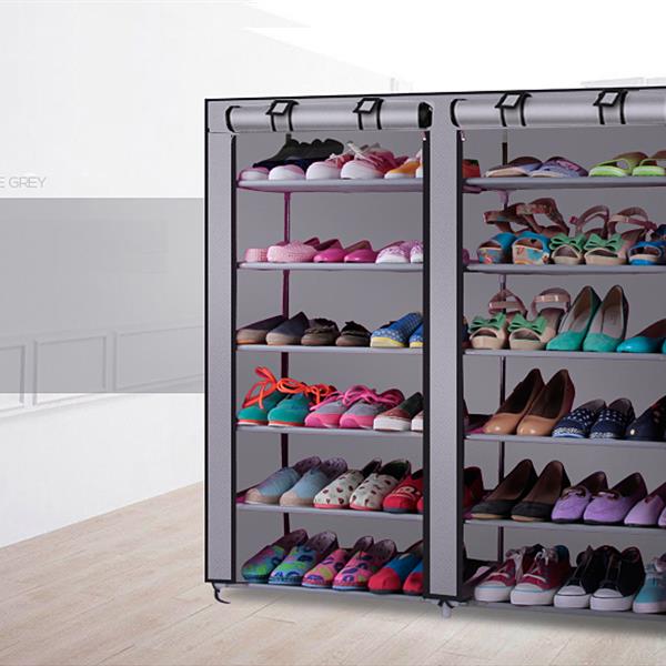 6 étages Double rangée 12 Grille Non-tissé en tissu Chaussures Cabinet gris