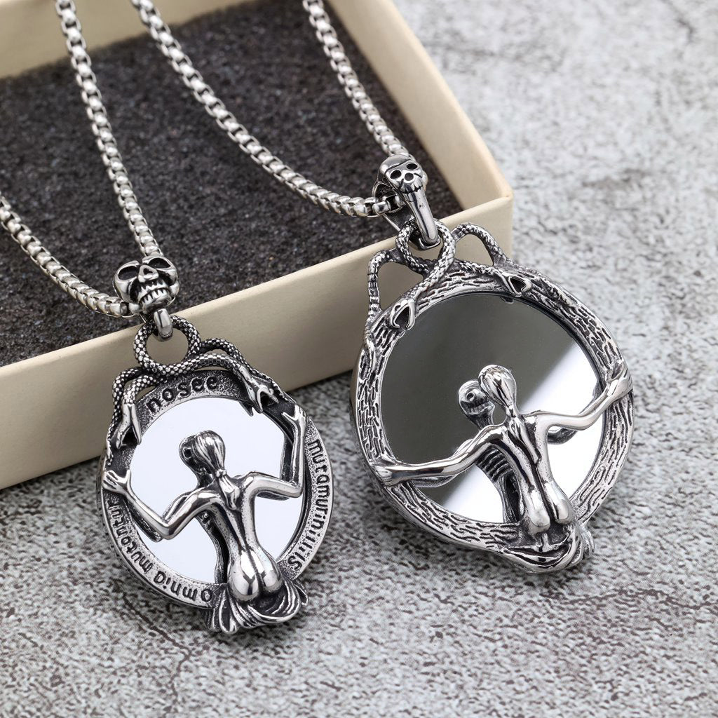 Collier miroir magique pendentif homme en acier inoxydable rétro