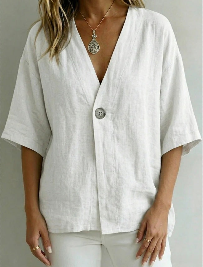 PrintempsÉté Femmes Casual Loose-Fit Solid-Color V-Neck Top avec Boutons