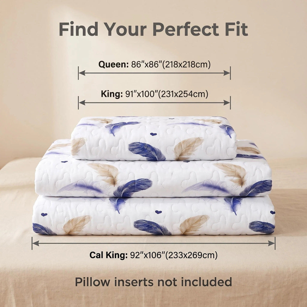 3 pièces blanc or et bleu plume lit couvre-couche pour roi et roi de Californie