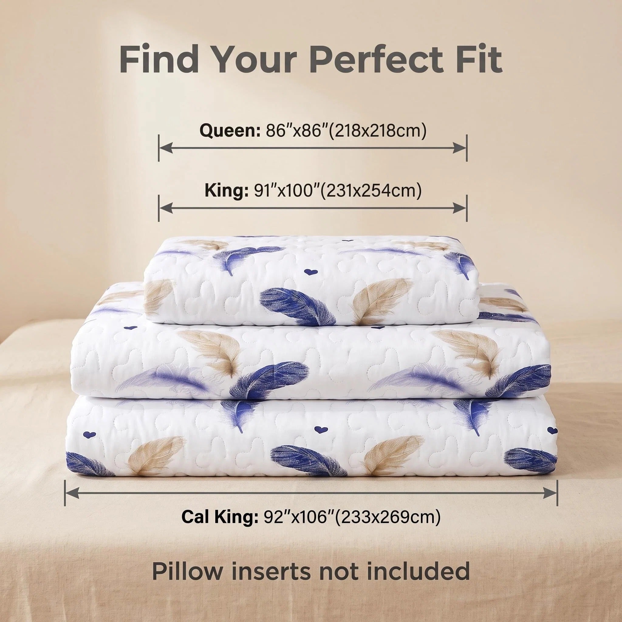 3 pièces blanc or et bleu plume lit couvre-couche pour roi et roi de Californie