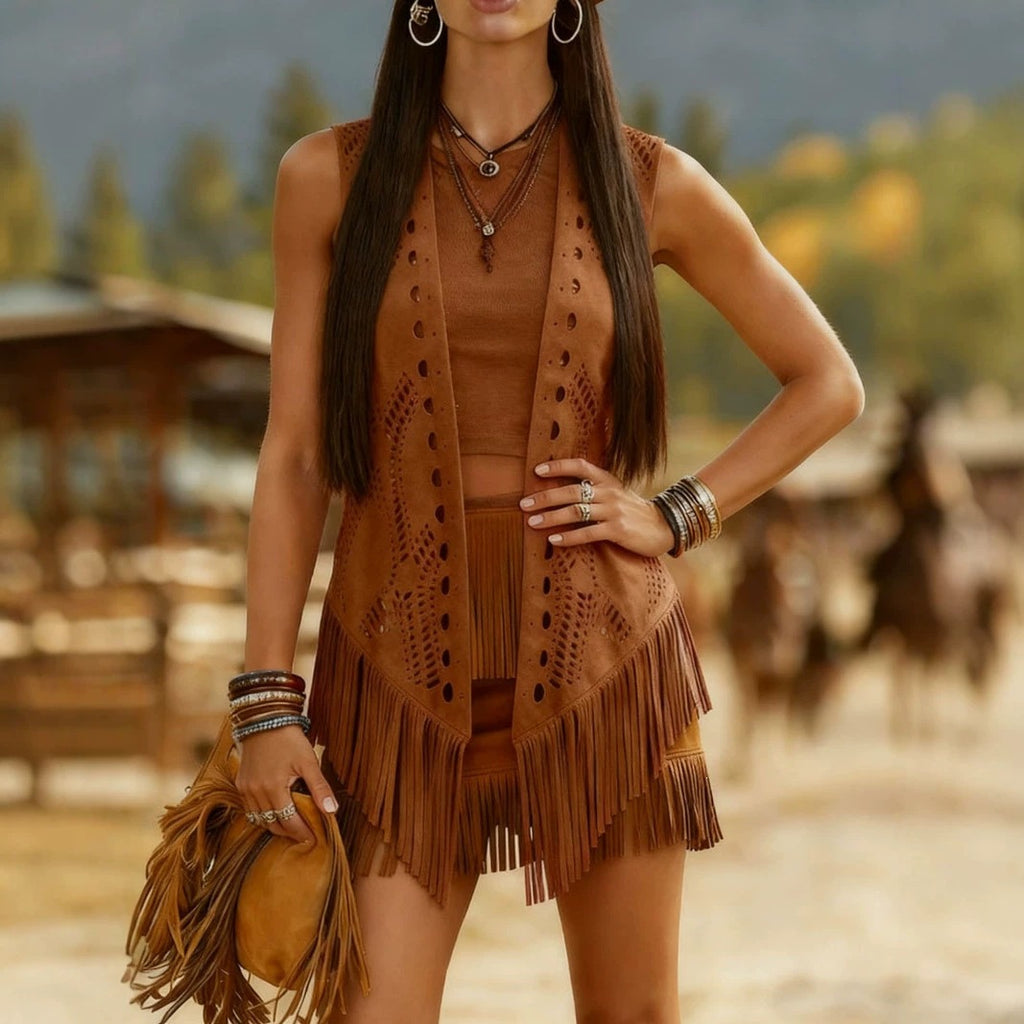 Femmes Rétro tendance Veste de Tassel All-Match Hollowed Out