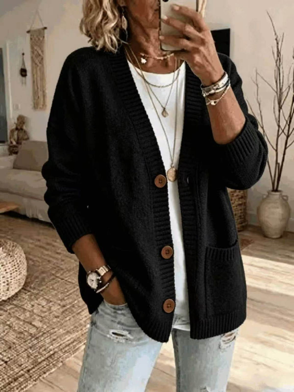 Women's V-Neck Knit Sweater Jacket