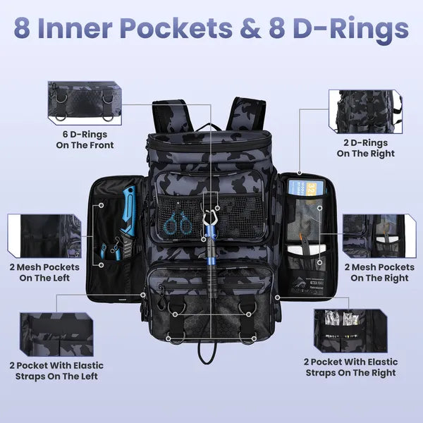 42L&11Gal sac à dos de pêche grande capacité de pêche sac de rangement avec porte-rodes 16-P