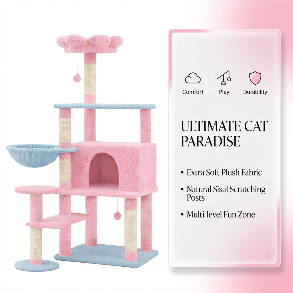 Arbre de chat fleur avec grand condo coussin de fleur amovible et hamac rose