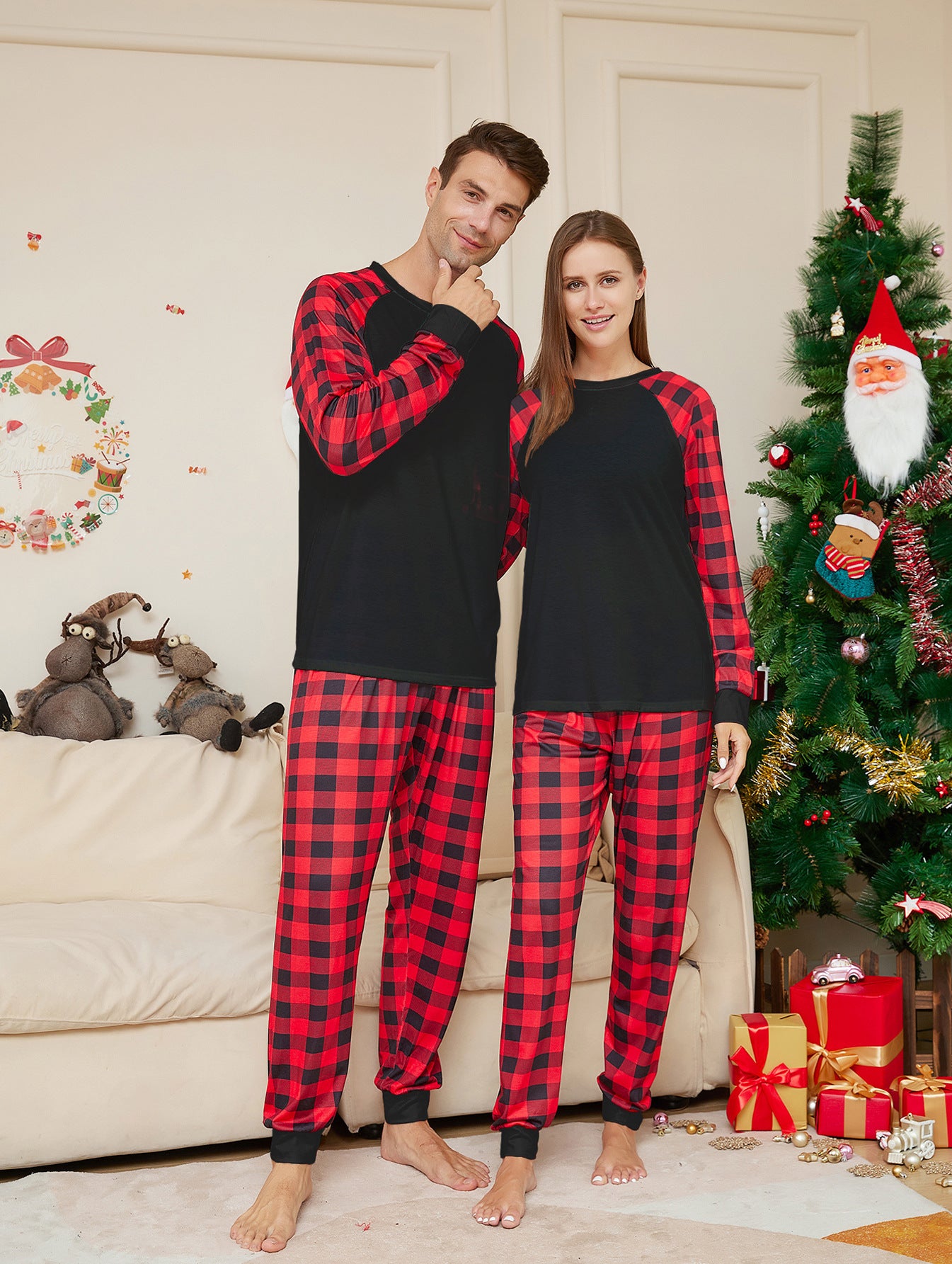 Ensemble de pyjamas imprimés en Plaid de couleur solide de Noël de mode pour femmes