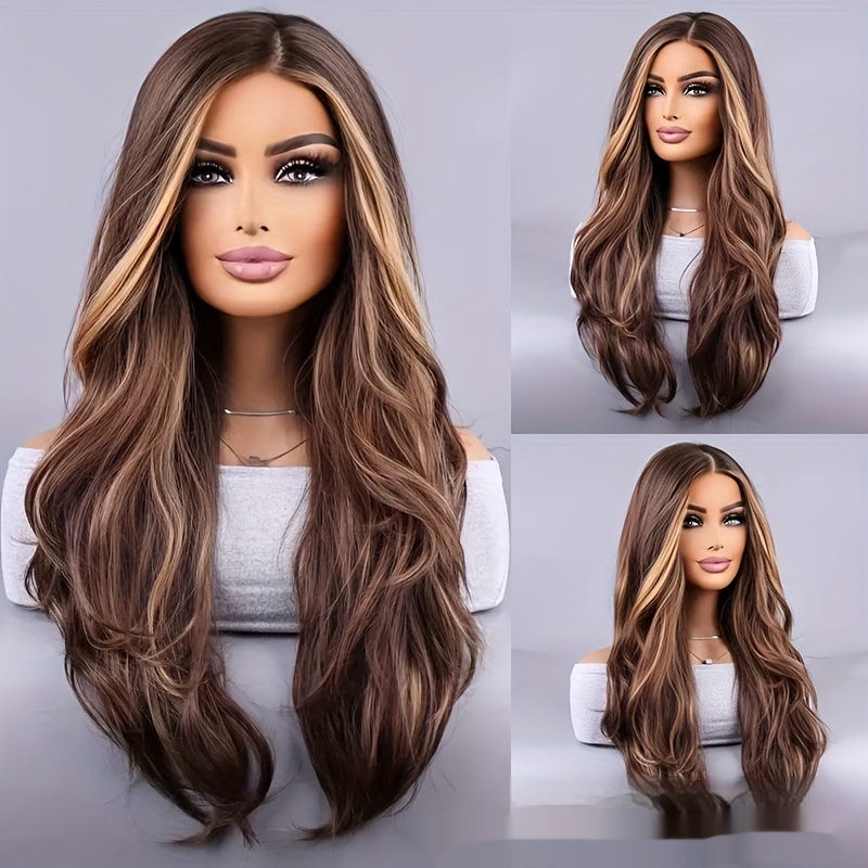 26-pouces Élégante Perruque Femme Brown Couleur mélangée Wavy Long cheveux Synthétique Fibre Rose Mesh Casquette