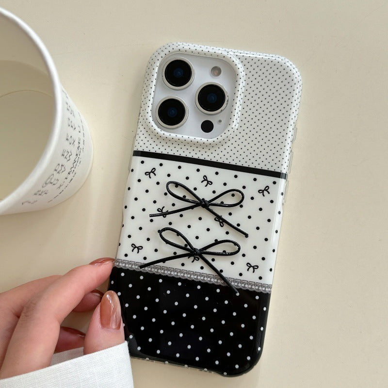 Noir et blanc Polka Dot pointant Stereo Bow cas téléphone