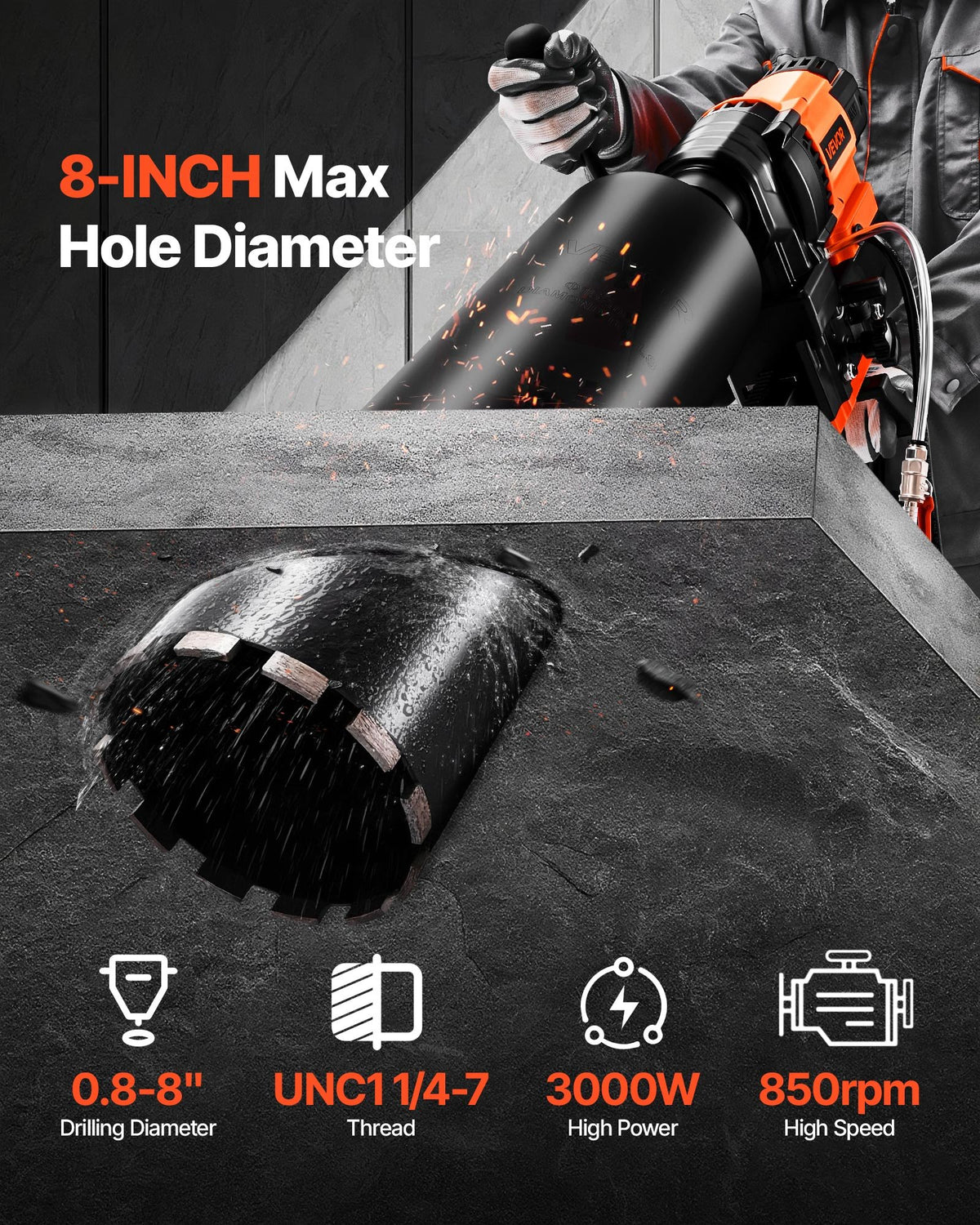 Perceuse à noyau diamant Machine à béton Perceuse à noyau avec support 8 en 3000W