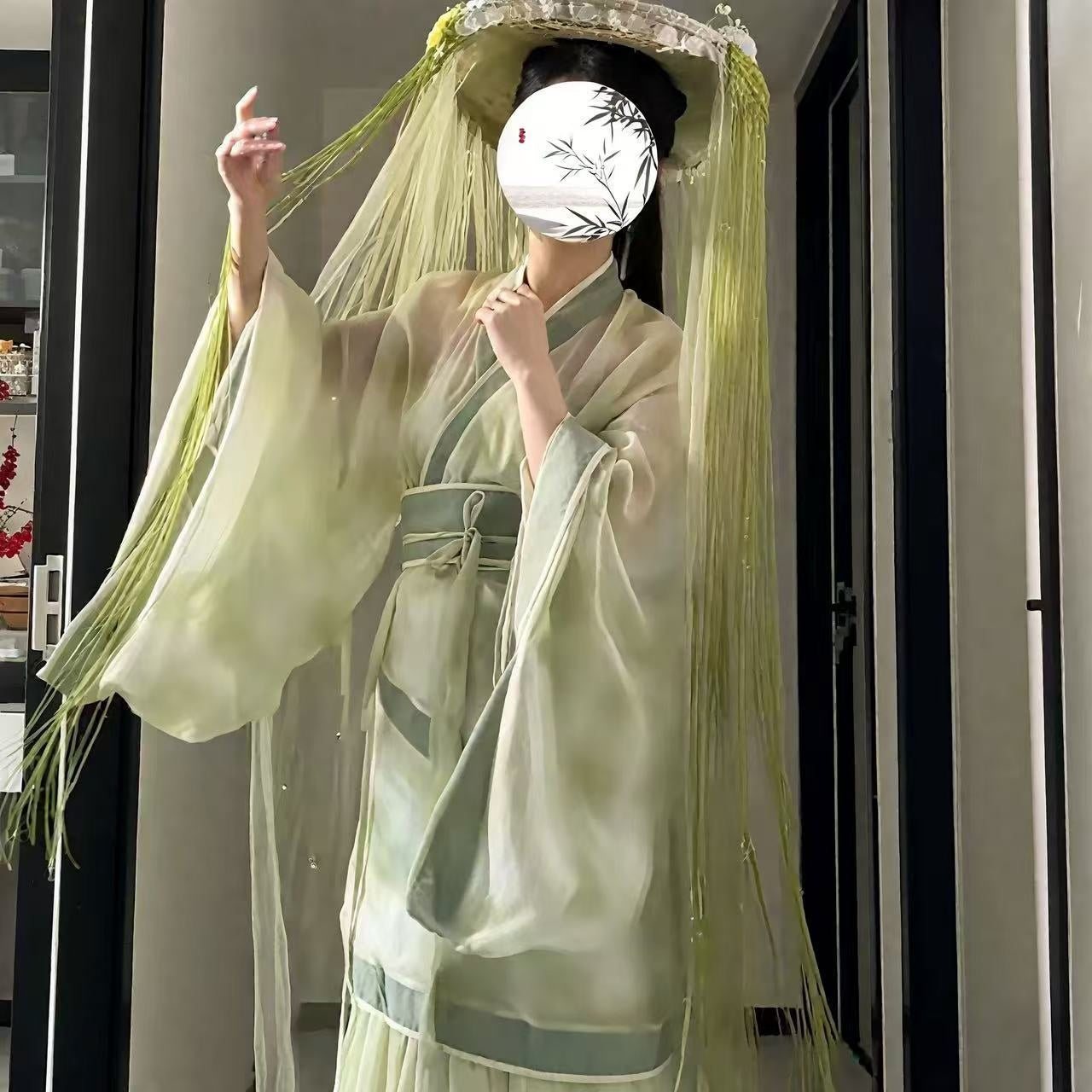 Chapeau Hanfu Chapeau Bambou Rideau en cristal Chivalière Chapeau Bambou Femme Veil