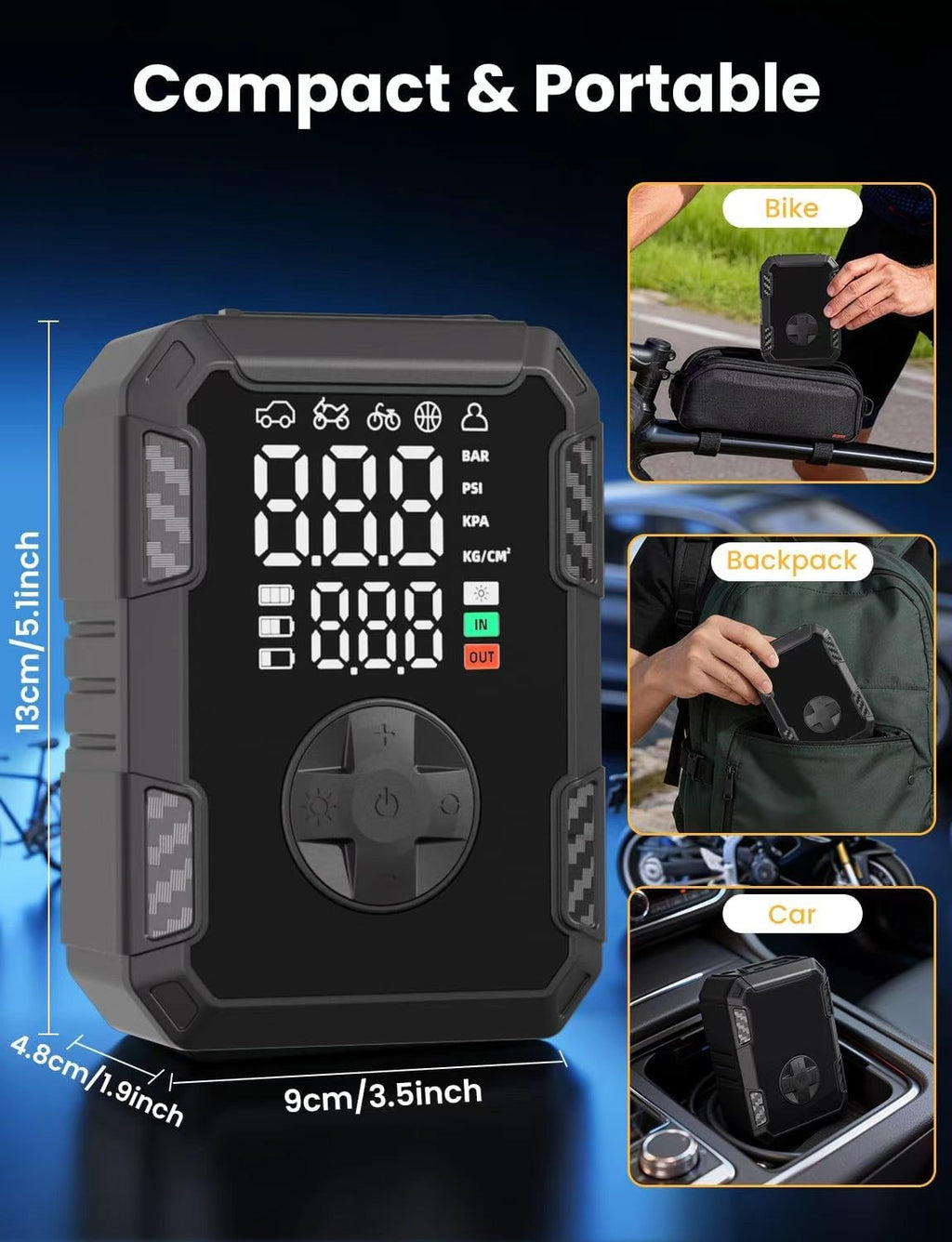Pompe de compresseur d'air rechargeable USB numérique sans fil pour pneumatiques de voiture