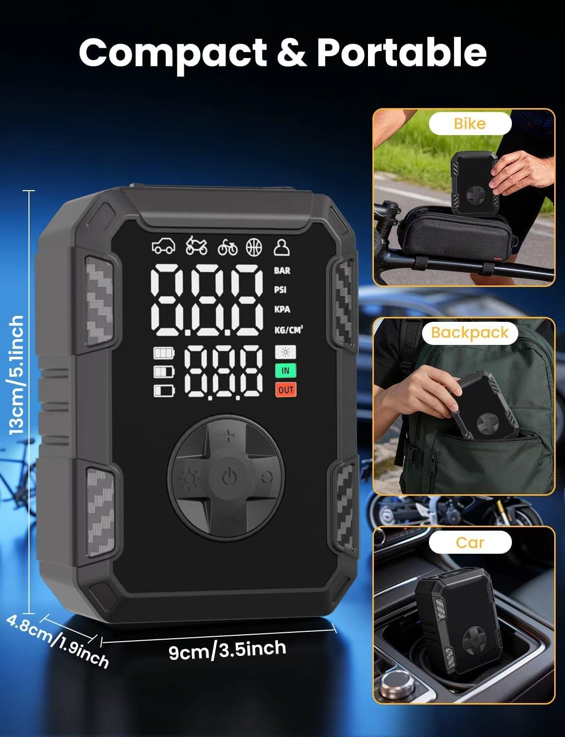 Pompe de compresseur d'air rechargeable USB numérique sans fil pour pneumatiques de voiture