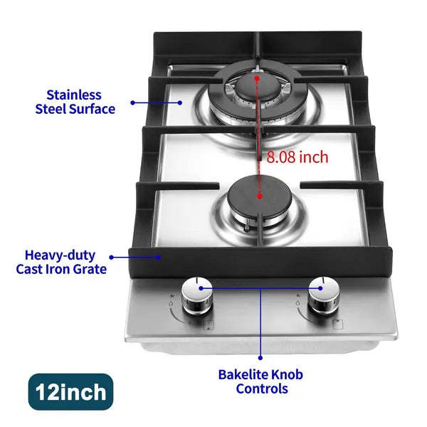 2-Burners Cuisinière à gaz 12 en acier inoxydable Eascookchef NG/LPG convertible