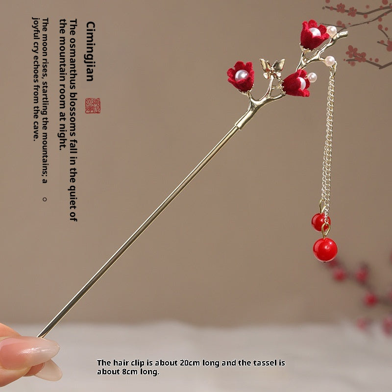 AutumnWinter Flocked Red Flower Hair Stick for Women Ma Mian Style
