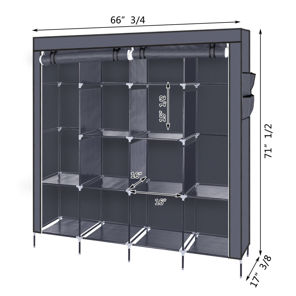 Rangement d'armoire portable de 67 pouces Sac de rangement 12 étagères 4 poches latérales Gr