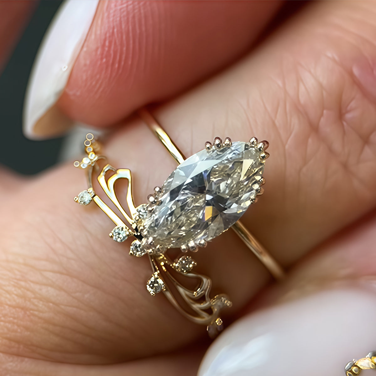 S925 Argent plaqué or 2ct Marquise Moissanite Ensemble de mariée Butterfly Contour Band 6x12mm D