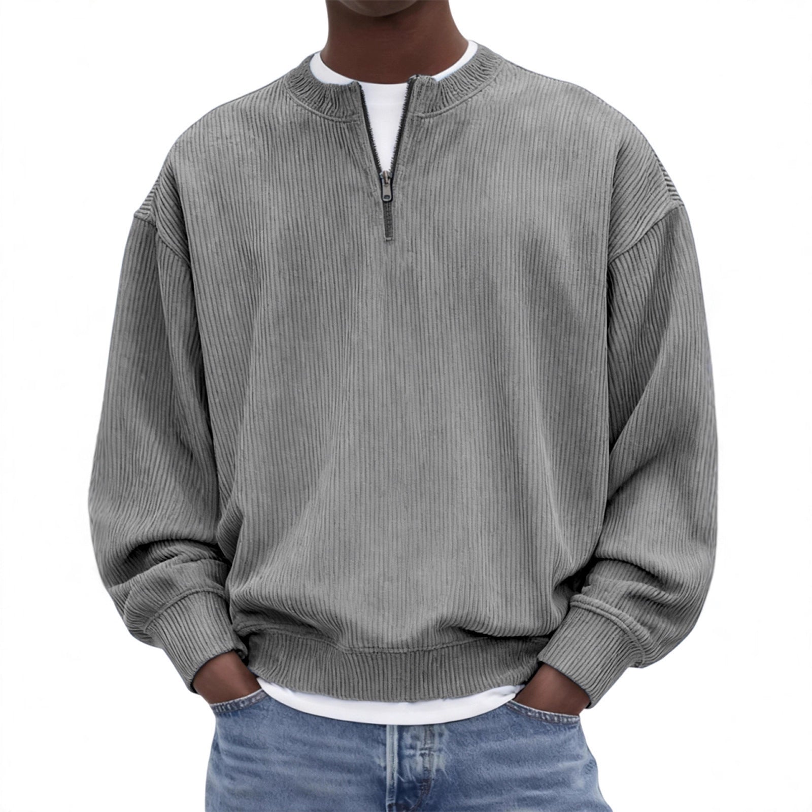 Casual hommes manches longues Corduroy Top avec un collier debout et une demi-zip