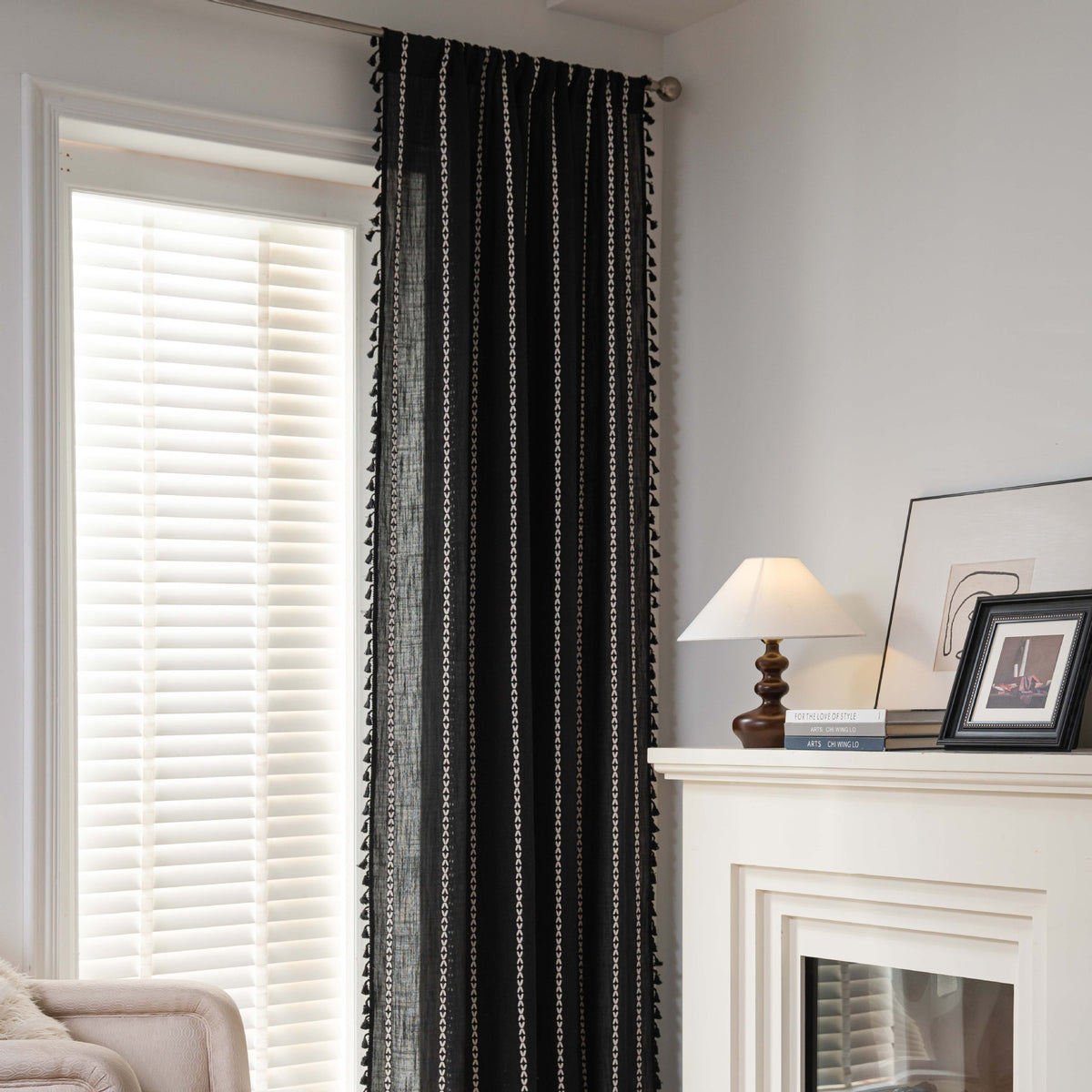 Chambre Rod Set Pocket noir et blanc Jacquard Salon Rideau