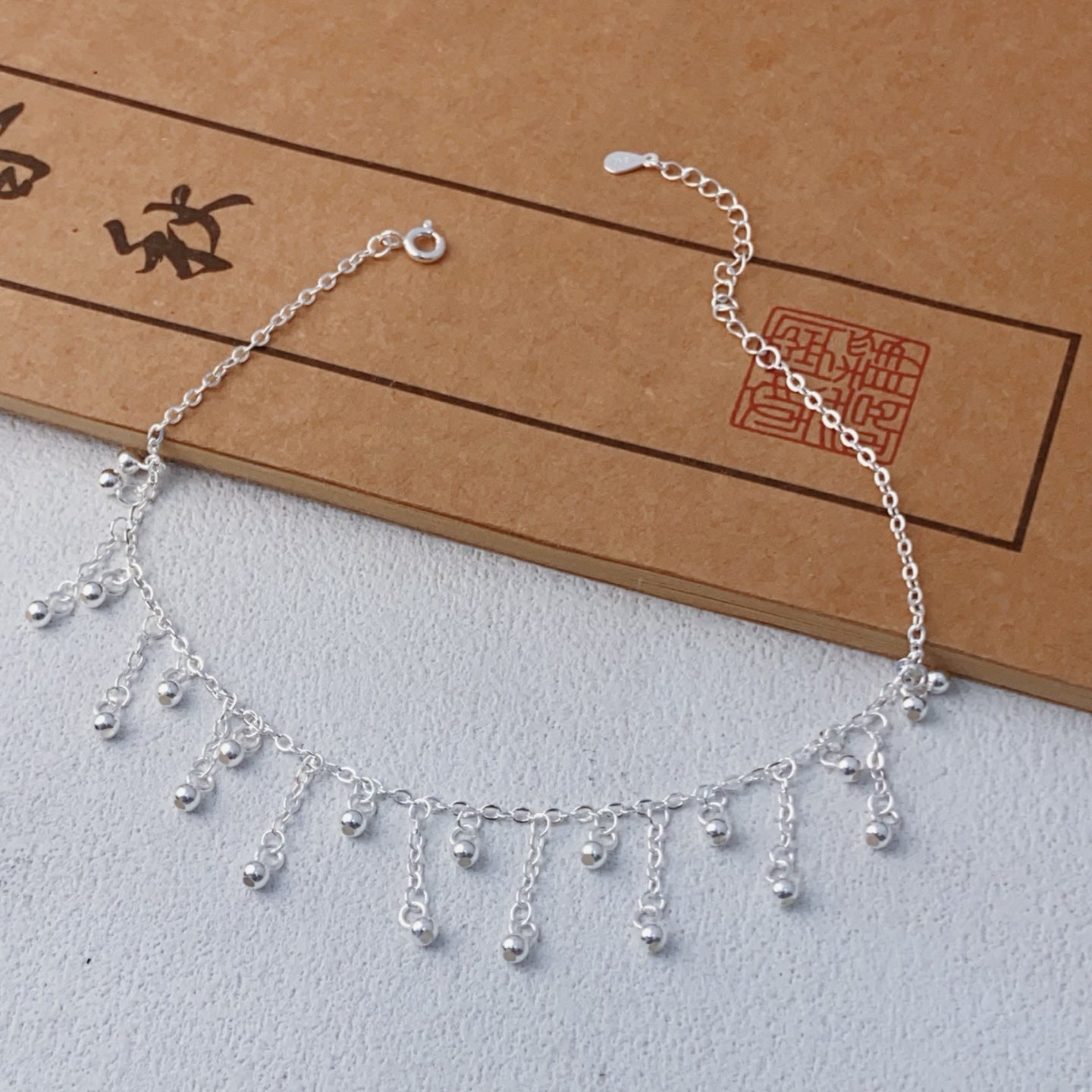 1pcs 999 Argent Sterling Multi Perle Tassel Ajustable Anklet