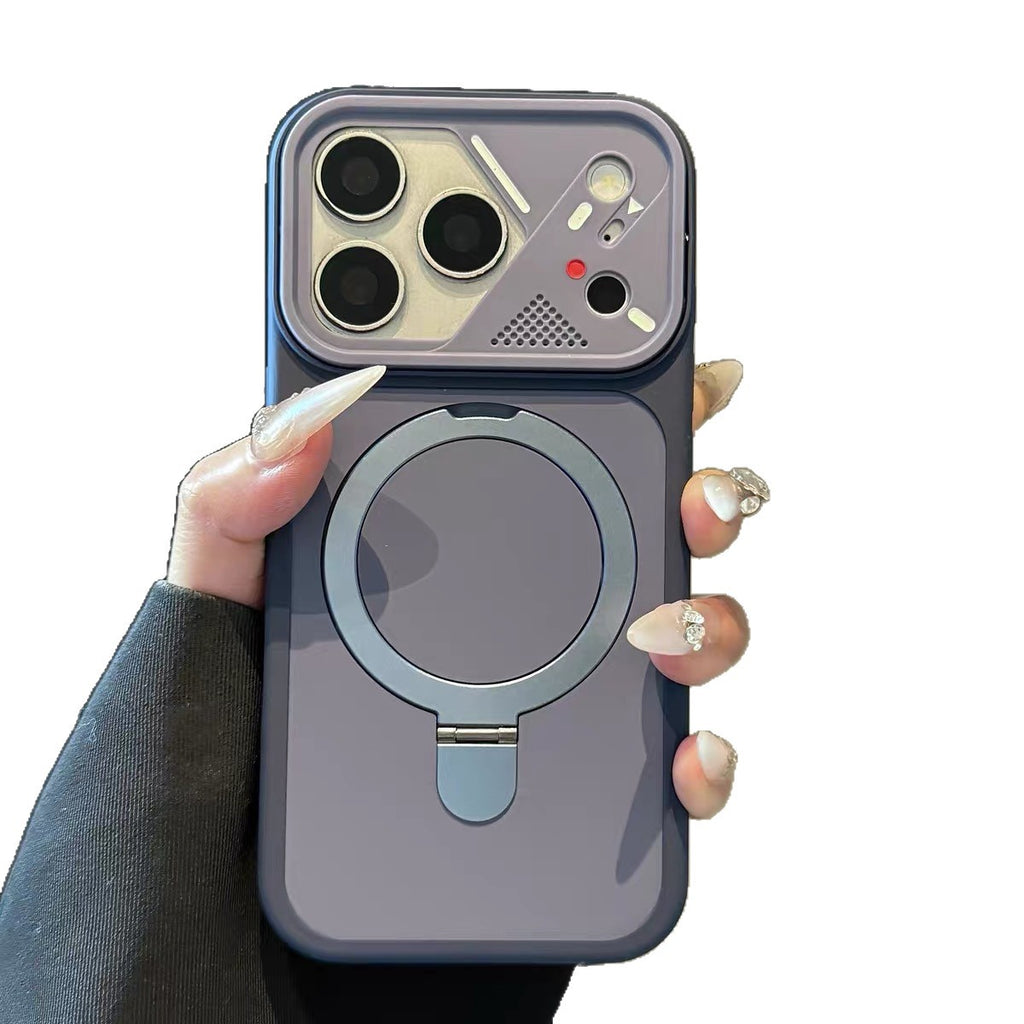 Mecha-style Frame Magnétique-suction Stand Matte Skin-feel Phone Case